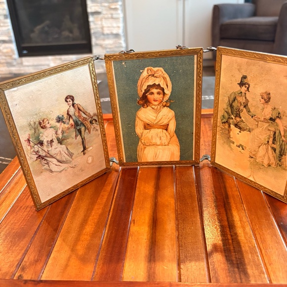 Vintage Gold Framed Art Triptych Set Antique Victorian Era Vanity Mirror
